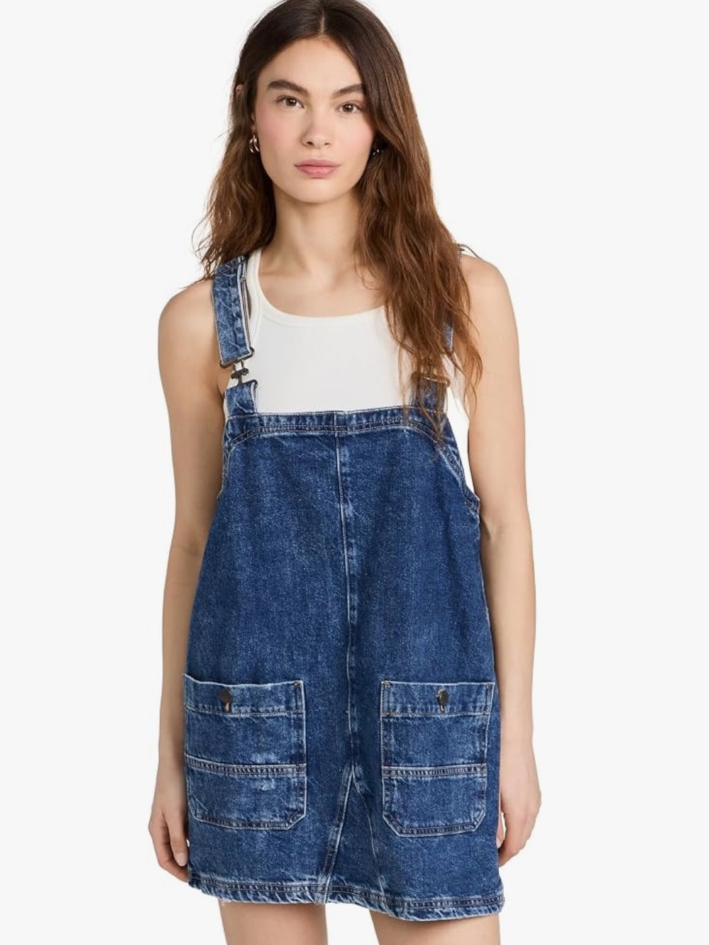 Free People Overall Smock Denim Dark Wash Distressed Mini Short Dress Casual M